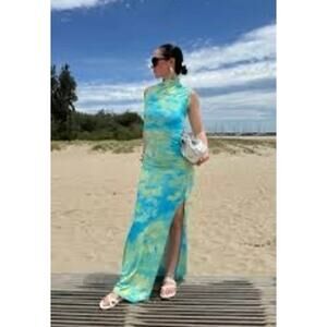 SUMMI SUMMI Blue Green Abstract Print Mock Neck Sleeveless Valentina Dress sz M
